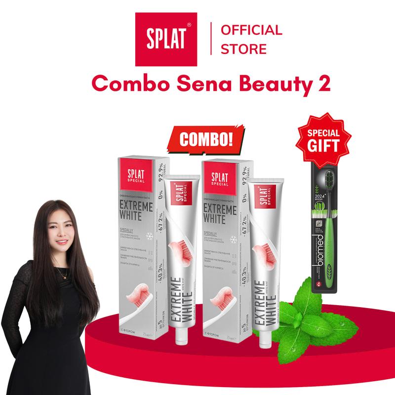 Sena Beauty Combo Combo 2 kem đánh răng trắng răng tại nhà SPLAT Extreme White 75ml tặng bàn chải Biomed Black