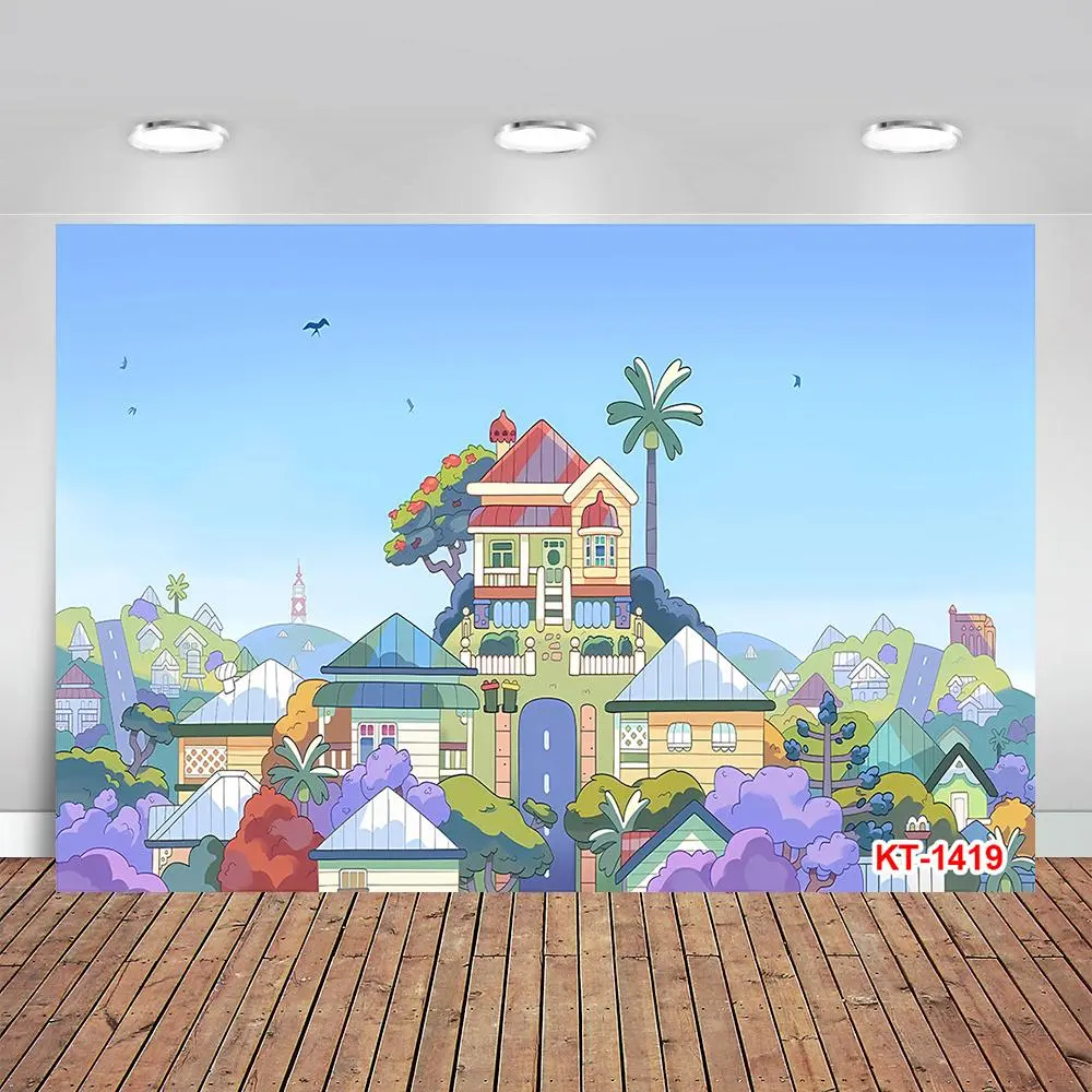 Cartoon Dog Theme Backdrop, Cartoon Sky Building Photography Background, Photo Booth Banner Props for Birthday Party Decorations
