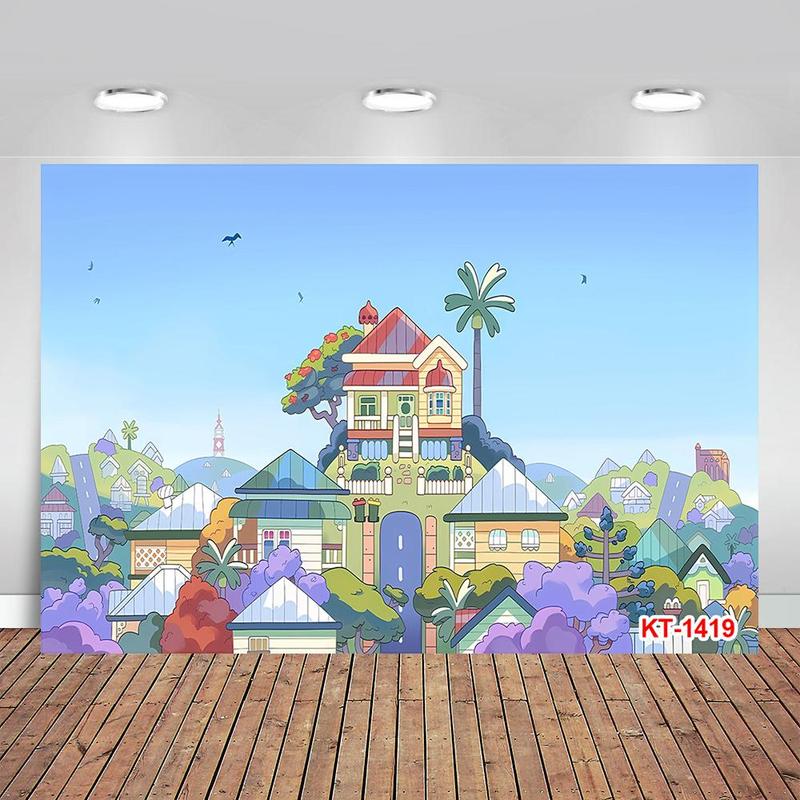 Product Introduction of Cartoon Dog Theme Backdrop, Cartoon Sky Building Photography Background, Photo Booth Banner Props for Birthday Party Decorations 0