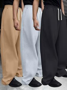 Men's Solid Color Drawstring Waist Pants, Loose Casual Comfy Pocket Straight Leg Trousers for Spring & Fall, Men's Bottoms for Daily Wear