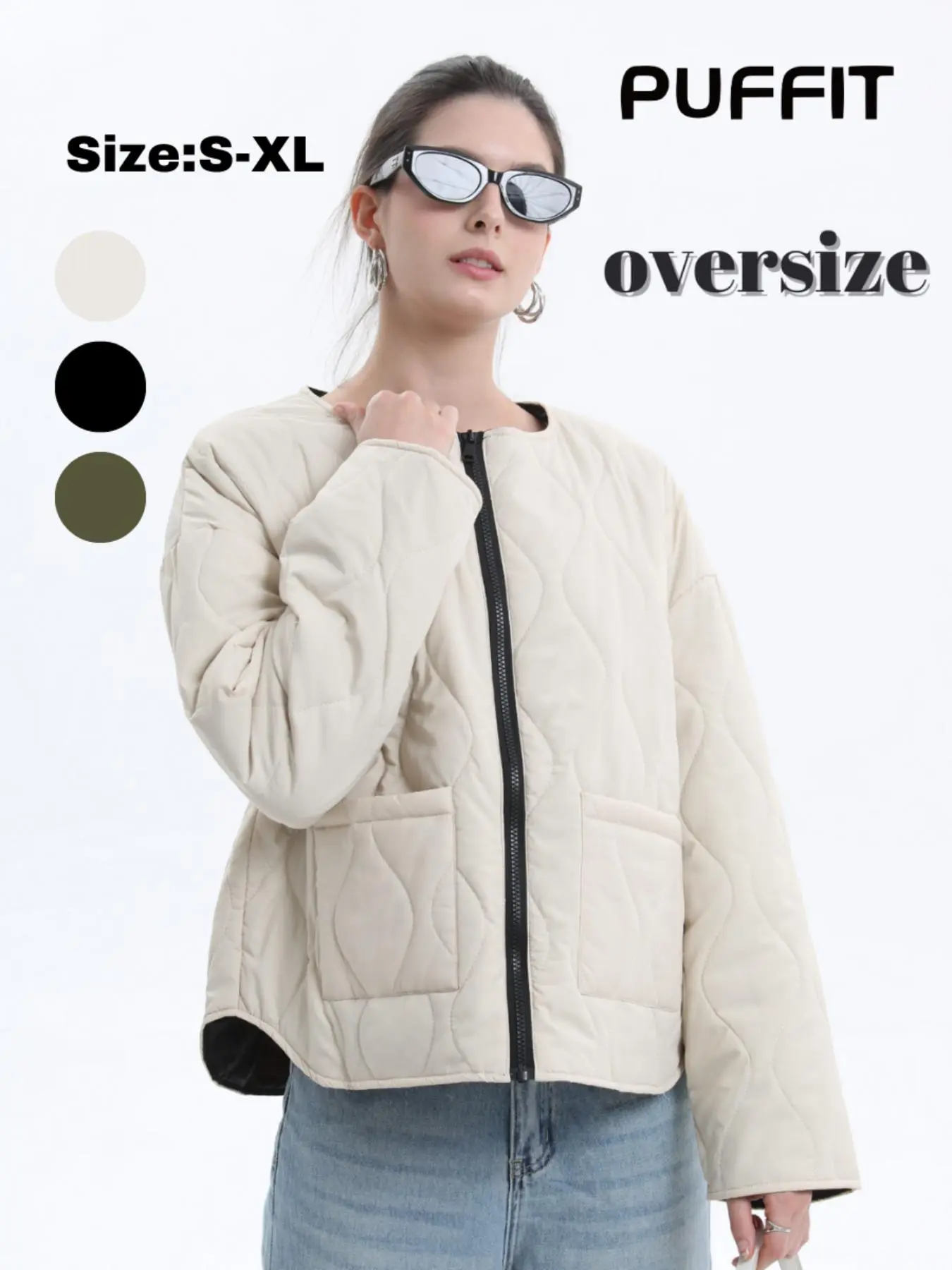 Women's Solid Pocket Zip Up Quilted Warm Jacket, Casual Drop Shoulder Long Sleeve Cos Quilted Jacket for Fall & Winter Daily Wear, Coat, Weekday Puffer
