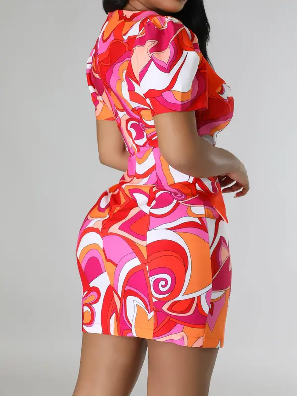 Women's All Over Print Wrap Double Button Puff Sleeve Bodycon Dress, Valentine's Day Elegant Sweetheart Neck Short Sleeve Dress for Party Holiday Wedding Guest, Gift, Ladies Summer Clothes 3