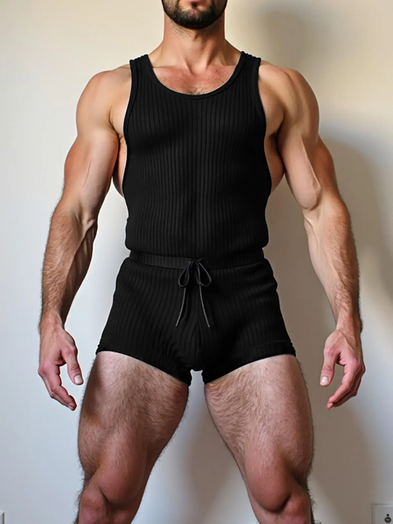 Men's Solid Ribbed Round Neck Tank Romper, Casual Comfy Sleeveless Drawstring Romper for Daily Wear, Menswear for All Seasons