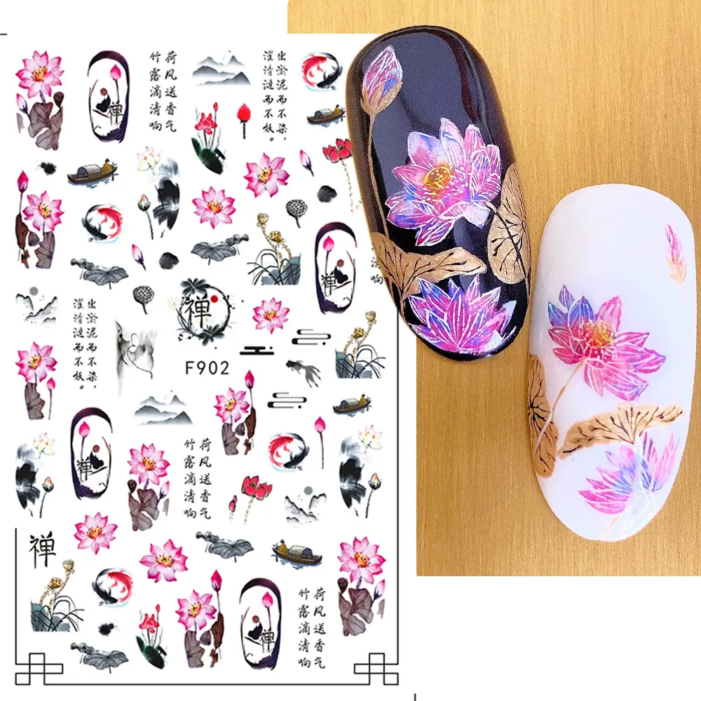 Miếng Dán Móng Tay Nhân Vật Trung Quốc, Thiết Kế Hoa Sen, Hạc, Thanh Trượt Lá Tre, Cho Móng Tay, Decal Can Hoa Anh Đào, Phong Cách Nhật Bản, GLF902, Làm Móng