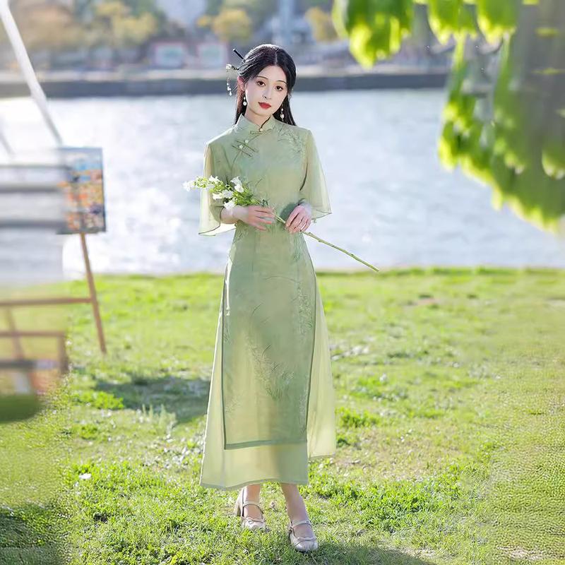 Chiêu Gấm Xanh Bộ Đồ Trà Ao Dai, Phong Cách Trung Quốc Cải Tiến, Thích Hợp Cho Bé Gái Trẻ, Thích Hợp Cho Kỳ Thi Tuyển Sinh Đại Học Lan, Hàng Mới Về Mùa Hè 2025, Miễn Phí Vận Chuyển Women Dress 6