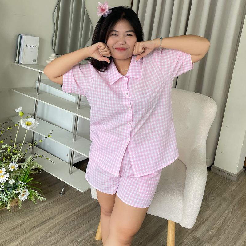 Miabigsize - Bộ đồ ngủ nữ (Women) mặc nhà mùa hè họa tiết Kẻ Caro nhiều màu nút hoa bigsize 90kg