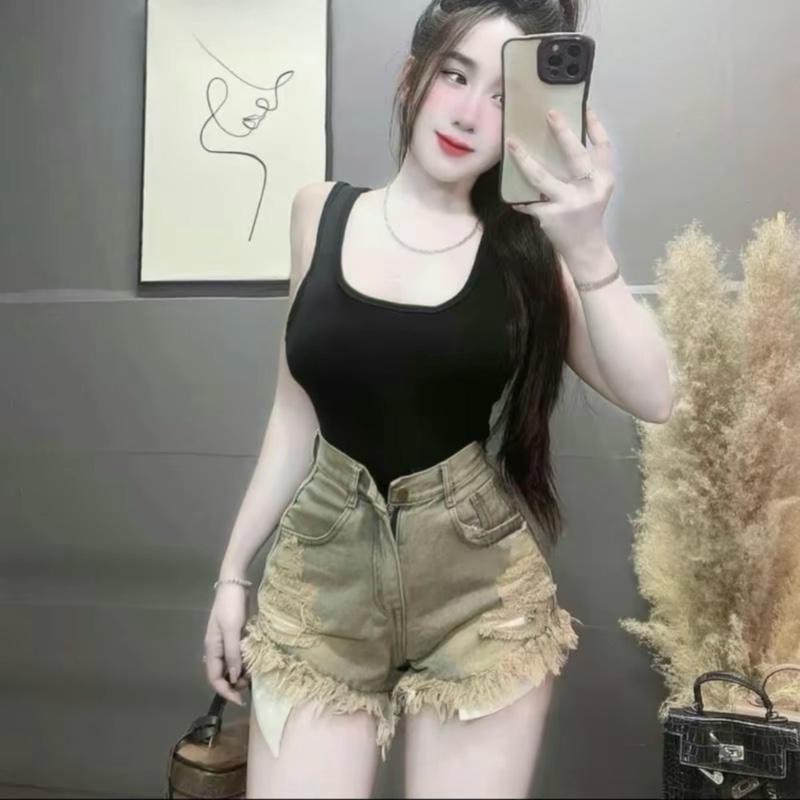 Quần shorts jean đùi nữ 2 màu Xanh Bụi rach kiểu 3 đường lộ túi vải lưng cao thời trang denim Women nữ_Sz SML 1