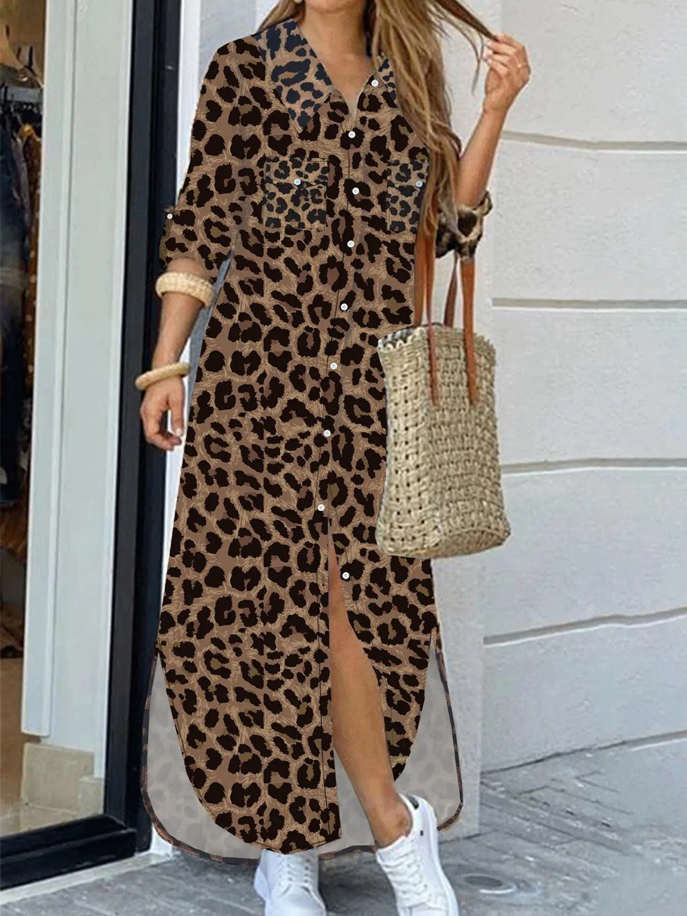 【Plus Size】 Leopard / Letter Print Button Front Split Shirt Dress, Casual Long Sleeve Collared Button Up Dress for Daily Outdoor Wear, Women Plus Size Clothing for All Seasons, National Day Clothing