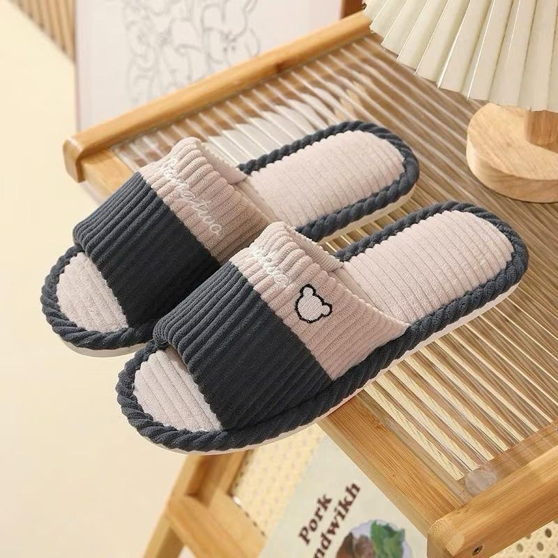 ￼Dép Đi Trong Nhà Mùa Đông , Dép Vải Lanh Kẻ Ngang Đế Cao Su Chống Trơn Trượt Thời Trang DéP Dép Lê Slipper Jean Hoa Nữ Có Quai 2