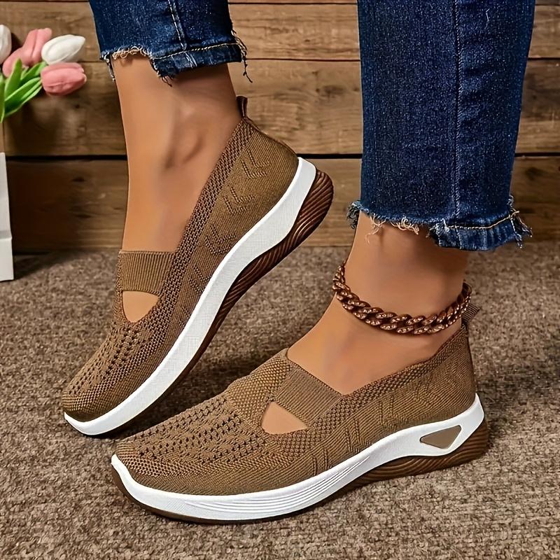 Women's Ultra-Breathable Knit Sneakers - Easy Slip-On, Lightweight & Comfortable Flat Shoes with Cut-Out Design All-Day Wear - Perfect Outdoor Walks and Casual Strolls, Cute Shoes 8