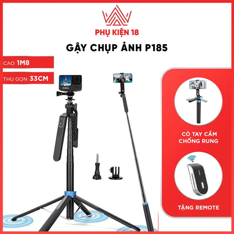 Gậy chụp ảnh 4 chân P185 - Tripod điện thoại livestream, quay phim, chụp ảnh kéo dài 180cm, có remote Selfie Phụ Kiện