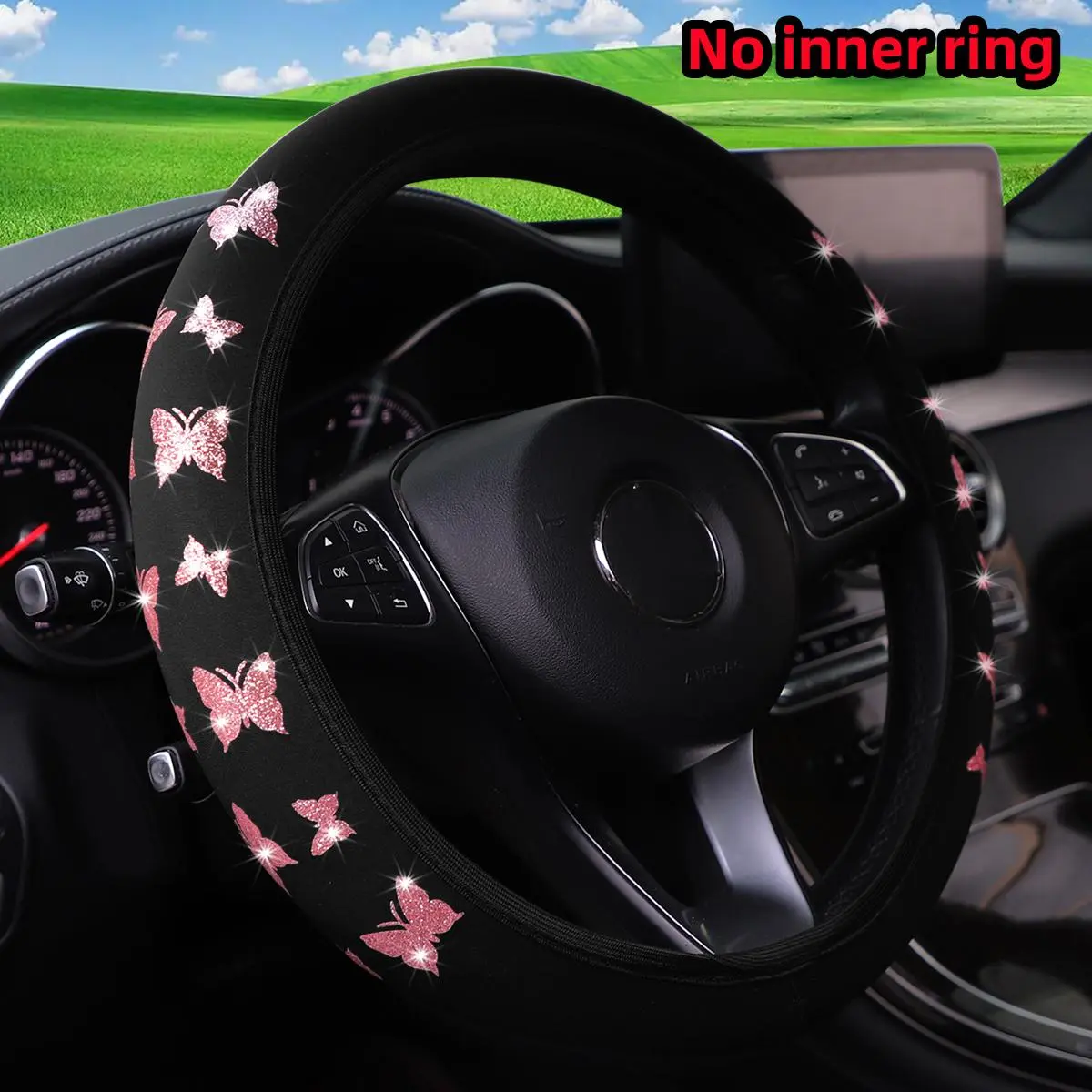 Bling Butterfly Pattern Car Steering Wheel Cover, Waterproof Non-slip Steering Wheel Protector, Universal Car Accessories for Women & Girls, Suitable for 14.5-15 Inches Car Steering Wheel, Car Accessories for Girls