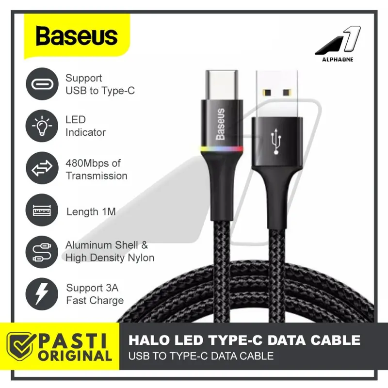 BASEUS Kabel Data Type C LED Halo Charger HP Tepsi Fast Charging 18W Compatible iPhone 15 0
