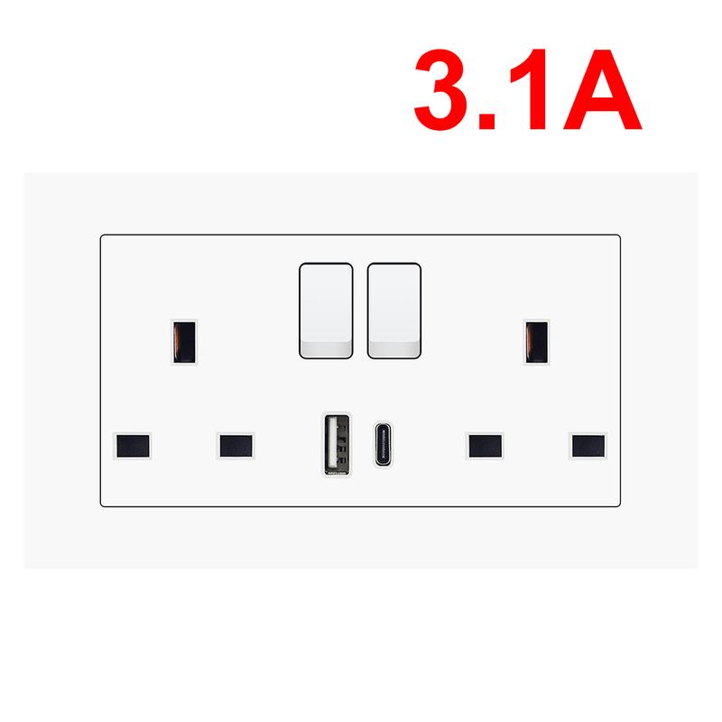 Product Introduction of SRAN wall socket usb wall socket universal socket 3 pin socket 13amp wall socket 3.1A 250V，146*86mm plastic panel 27