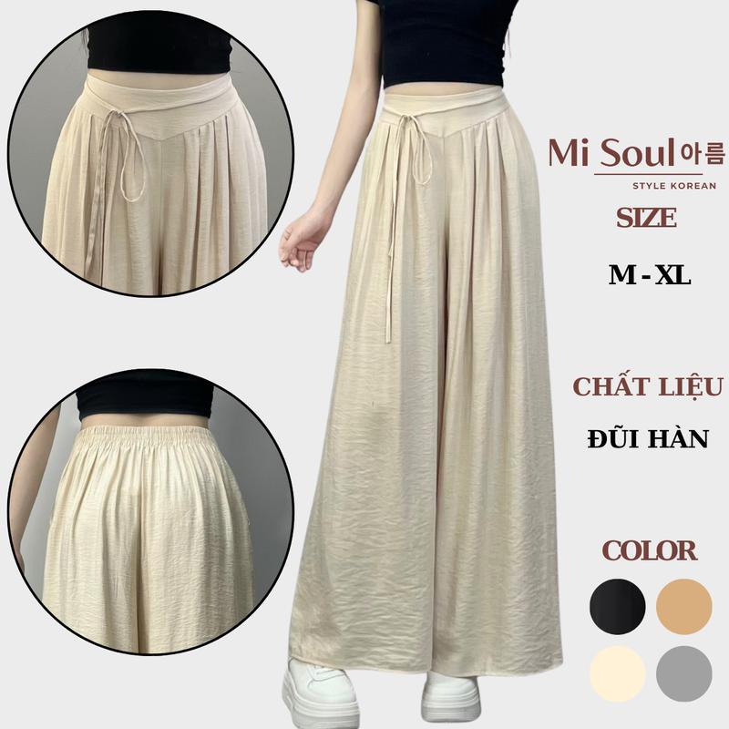 Quần Ống Rộng  Đũi Bản Eo Dây Buộc Cạp Chun Sau Bigsize Misoul, Quần Đũi Xuông Siêu Mát Dáng Rộng Giả Váy 287 Nữ Women Ong Pants Đen