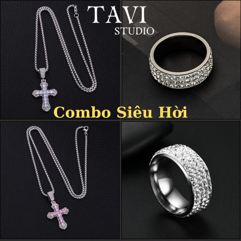 Mua là mê chê thì hoàn về Combo Dây Chuyền & Nhẫn Titan Đính Đá Unisex - Vòng Cổ Nam Nữ Chữ Thập Đá Bạc Hồng Nhẫn Basic Có Size - Phụ Kiện Thời Trang TAVI - TẾT