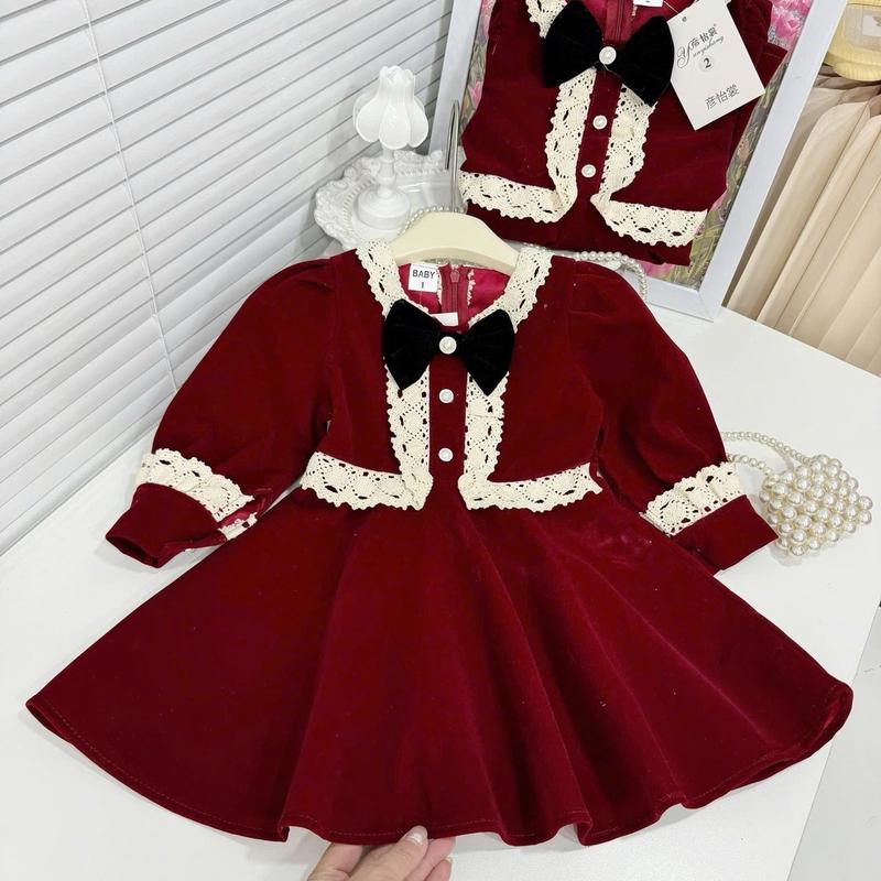 ￼Bộ thu đông bé gái,váy nhung 2 tầng cổ nơ phong cách tiểu thư cho bé diện noel, tết 2025 cho bé 10 - 20kg Moon Jonhny 6