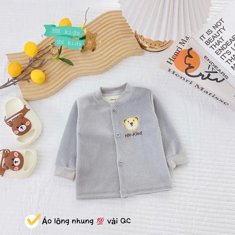 Áo Khoác Nỉ Nhung Cổ Tàu Dày Dặn Lót Lông Ấm Mềm Mịn HN Cho Bé Trai Bé Gái 3Kg~ 14Kg Mặc Mùa Đông - Voi, Len 7