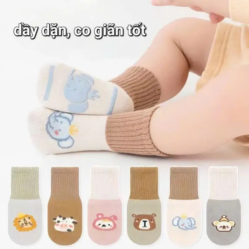 [Kèm Quà Tặng] Combo 10 đôi tất chống trượt cho bé 0-3 tuổi, Vớ tập đi hình thú Vải Cotton Len mềm mại ấm áp  BN03 Kem 3