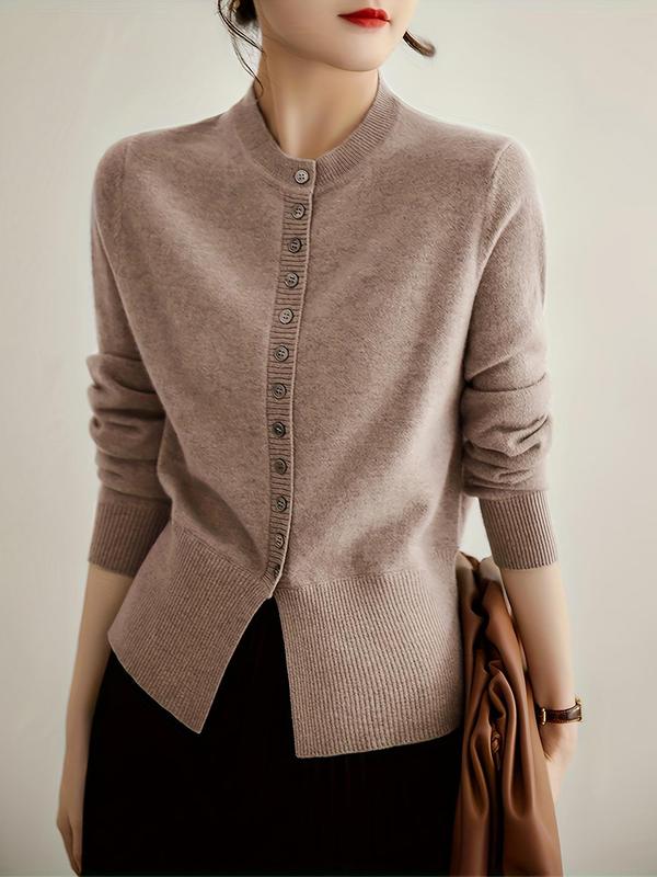 Women's Plain Button Front Split Hem Cardigan, Casual Long Sleeve Round Neck Knitwear for Spring & Fall, Fashion Women's Knit Clothing for Daily Wear 0