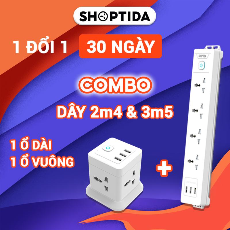 (COMBO KHUYẾN MÃI)  2 Ổ Cắm Điện Đa Năng CubeZ và WorkZ Shoptida sạc tối đa 12W và 4 Ổ Điện chịu tải 2500W Dây nối dài 3.5M