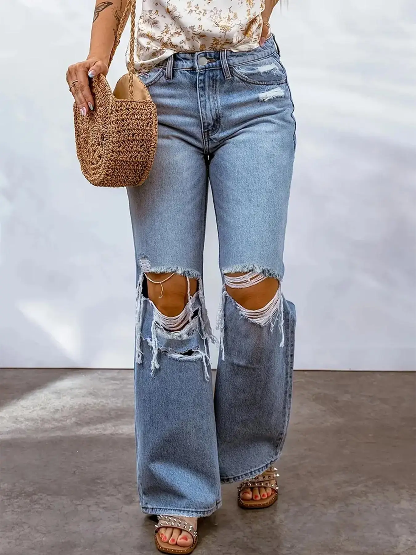 【Plus Size】 Solid Color Distressed Jeans, Casual Comfy Denim Pants for Daily Wear, Women's Bottoms for All Seasons