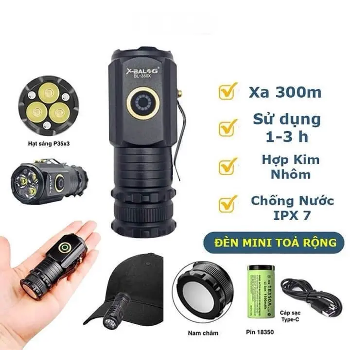Đèn pin mini X-BALOG 350 đèn pin cầm tay cao cấp siêu sáng vỏ nhôm có nam châm gắn tiện dụng