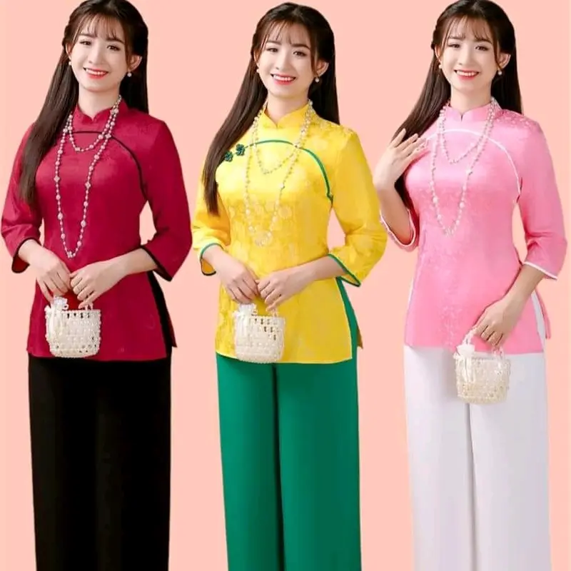 1sét  đồ lam GẤM  cổ tròn  tay lơ vạt bầu. quần  phổi. ( SANG SANG SHOP) Top Áo 4