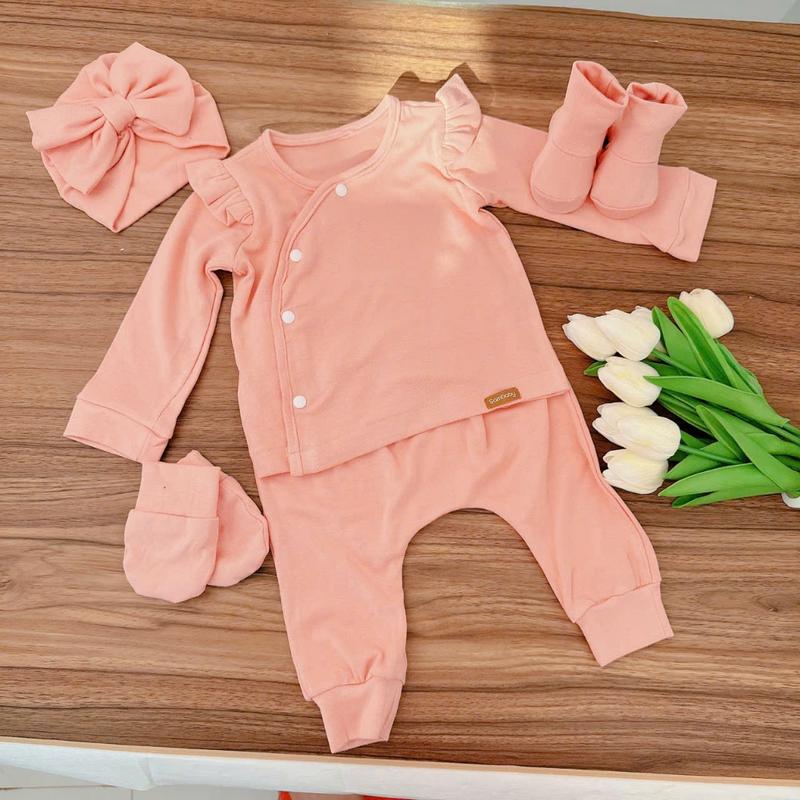  T20 bộ quần áo thu đông cho bé sơ sinh từ 3-10kg - Bộ cotton Bèo Vai mũ Tuban  Sambaby 