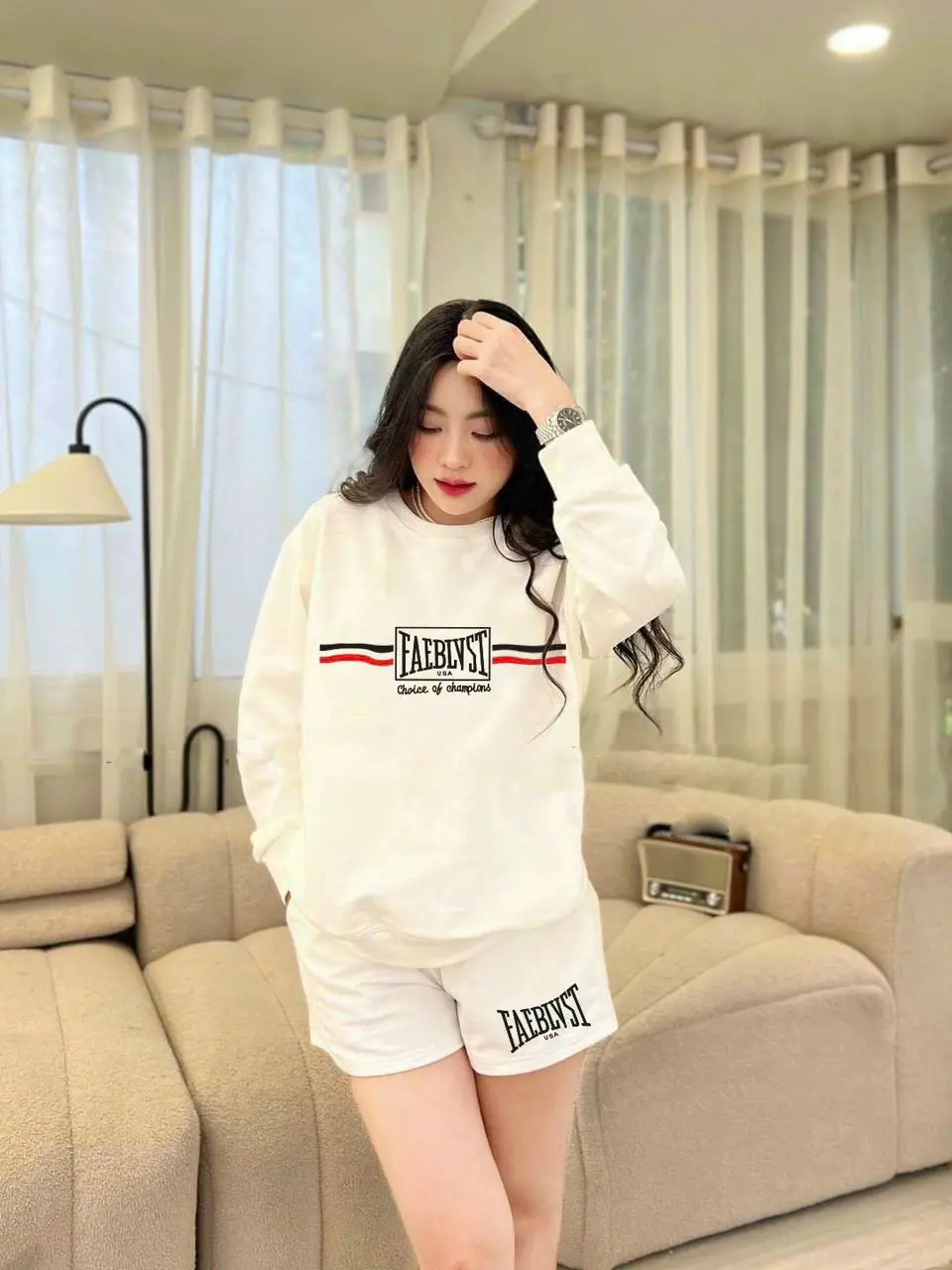 Set thời trang nữ, áo tay dài bo phối chữ thêu, chất thun 100% cotton
