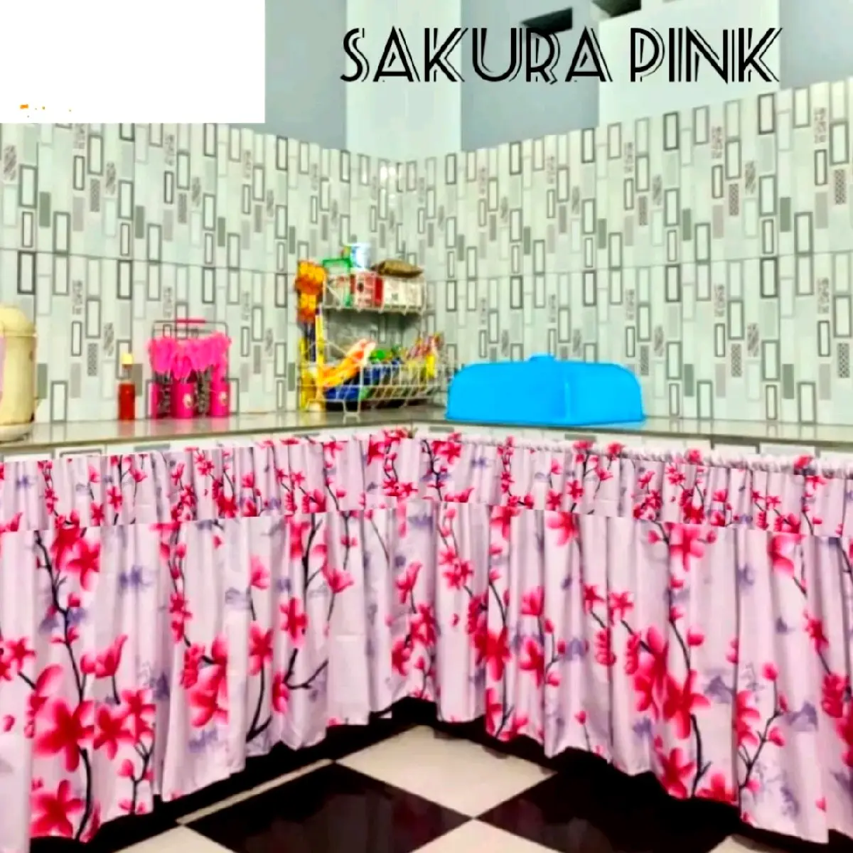 Gorden Kolong Dapur Motif Bunga sakura  Bahan  Katun Polymikro
