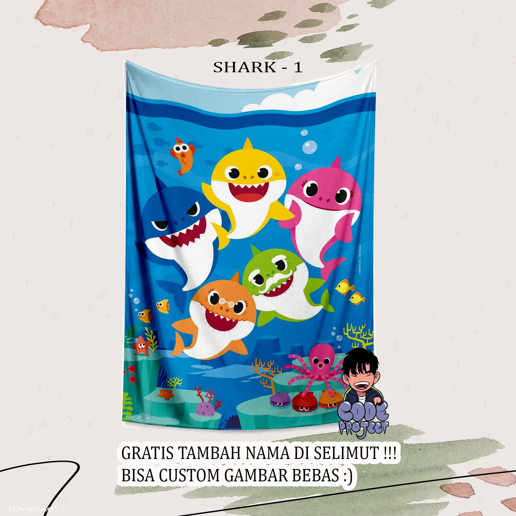 SELIMUT ANAK BABY SHARK - selimut anak lucu - custom selimut - bisa tambah nama anak - kado unik - kado lucu anak