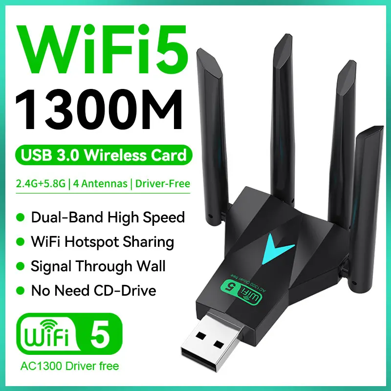 USB3.0 Wireless Network Card High-Speed 5G Dual-Frequency Signal 1300M Desktop Computer WiFi Receiver and Transmitter through the Wall