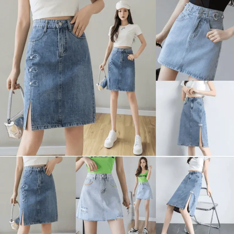 Váy denim dành cho phụ nữ, váy ngắn rộng rãi, eo cao, váy chữ A giảm béo, thêu đính cườm, váy giữa che hông satile, xẻ tà hợp thời trang