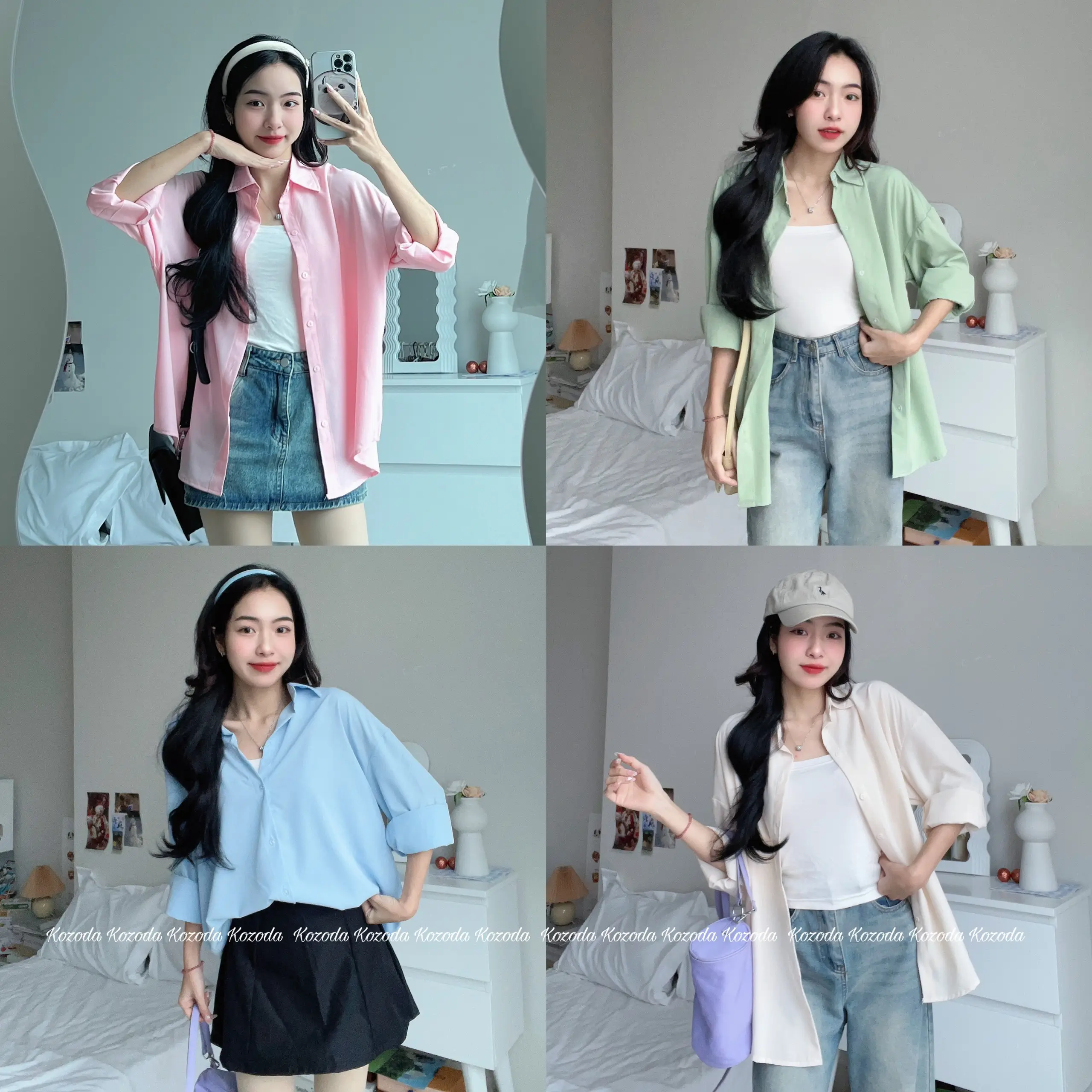 Áo Kiểu Nữ, Áo Sơ Mi Nữ Dài Tay Chất Lụa Cát Full 5 Màu Pastel Mùa Hè Hàn Quốc Kozoda Women Sm159 Top Cat