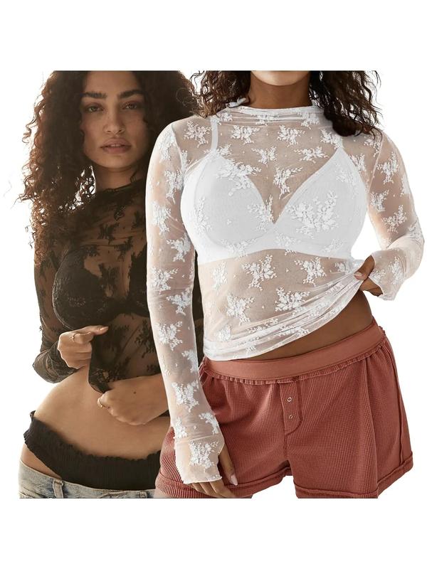 【Plus Size】 Floral Lace Sheer Top Set, Long Sleeve Tops for Women, Women's Clothing for Summer 1