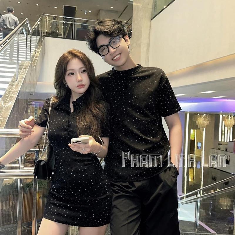 SS - 04 GIÁ CẶP Bộ đồ đôi đính đá bling bling nam nữ couple váy body + áo phông chất mì nỉ dày dặn mềm mại Umi Suit Đen Women Kem Voi Top Nhung Sơ Mi