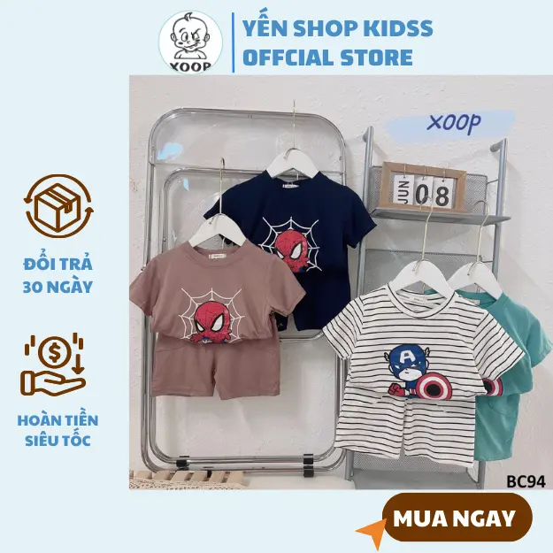 (11-24kg)  Bộ quần áo trẻ em Bộ cộc tay XOOP cotton lụa - in người nhện,đội trưởng cho bé trai  BC94
