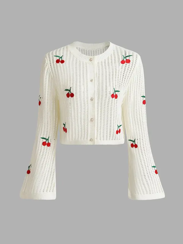 YOZY Boho Cherry Embroidery Cardigan & Basic Crop Tube Top/ Flounce Sleeve Button Front Knitwear & Sleeveless Tube Top, 2024 Women's Summer & Autumn Outfits for Daily Wear 2