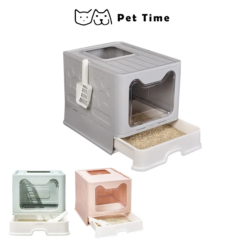 （Pet Time）Fully enclosed cat litter box toilet anti-splash large deodorant drawer-type bedpan foldable