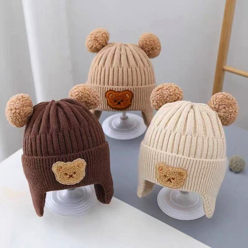 Mũ len cho bé in họa tiết nổi gấu xinh - Nón len ấm áp hai tai bông mềm mịn xinh xắn giữ ấm