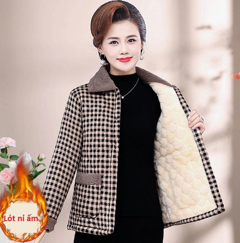 Giá tốt Áo khoác nữ trung niên tặng mẹ lót nỉ cực ấm có cổ bẻ và 2 túi lót bông quả trám Jacket Women Top