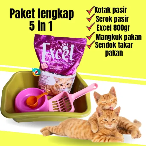 Paket Baskom Pasir Serokan Tempat Pup Kucing Litter box,tempat makan kucingg pakan sendok pakan dan pakan kucing excel 5 in1