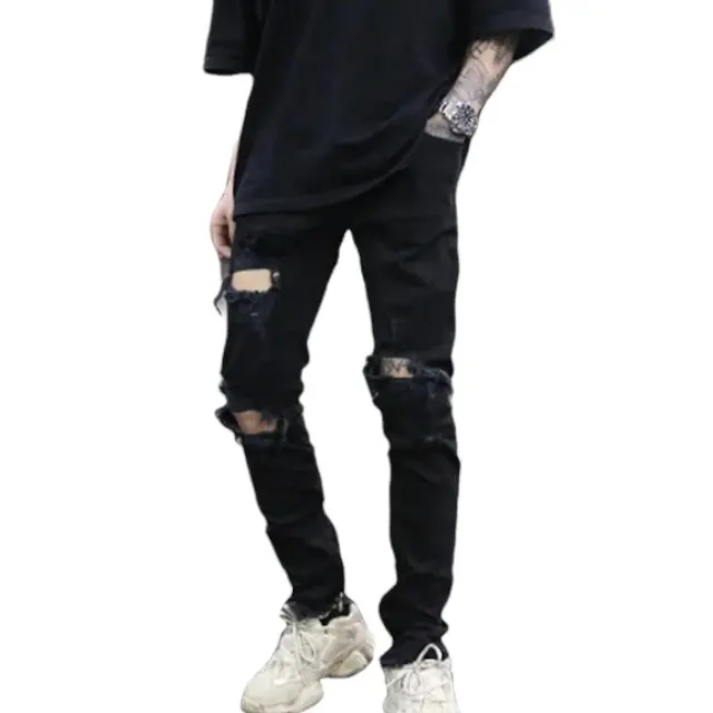 Celana jeans hitam sobek pria slimfit skinny Slim-fitting