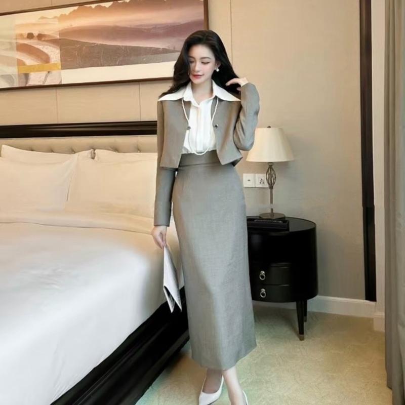 [Kim Clothing] Set 3 món áo sơ mi tay dài cổ bẻ + áo blazer croptop gài nút + chân váy bút chì 1