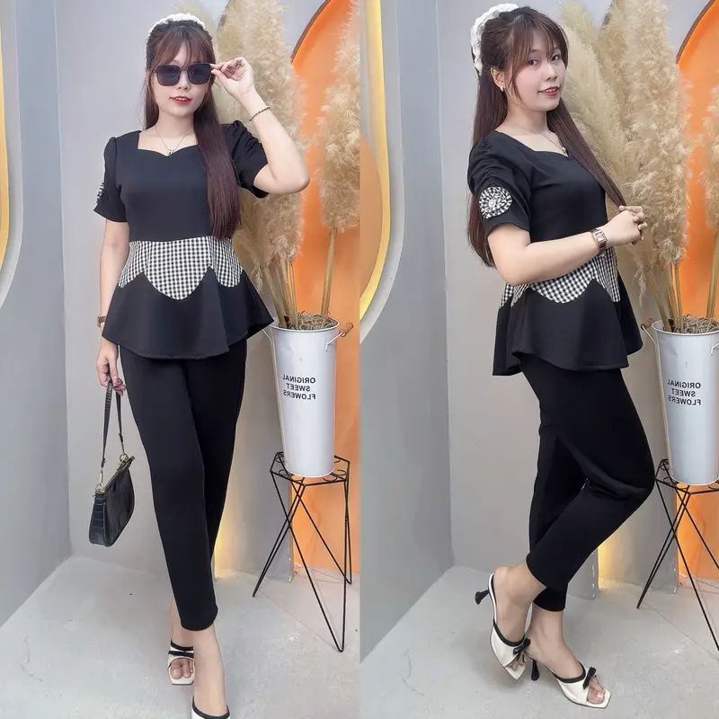 BIGSIZE 60-95kg—Sét bộ dễ thương tay đính bông  hai bên ,quần 9 tất áo phom peplum phối caro ,,Chất Liệu Thun Poly Co Giãn Thoải Mái,Trang Trí Nút Lạ Mắt Nhung Women Nữ Top 4