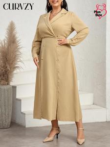 CURVZY Plus Size Solid Double Button Decor Dress, Casual Long Sleeve Lapel Dress for Spring & Fall, Women's Clothes for Daily Wear
