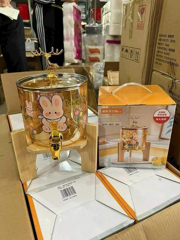 Bình Nước Thủy Tinh Có Vòi Kèm Chân Gỗ ,Pha Nước Hoa Quả ,Decor Đẹp Dung Tích 2.5l 3