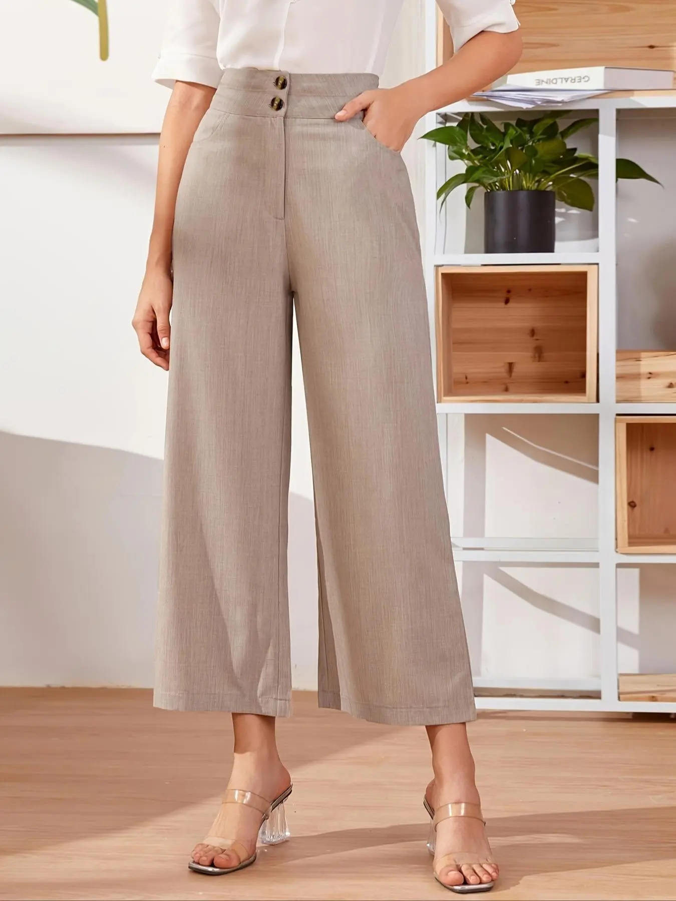 Women's Plain Pocket Button Straight Leg Cropped Pants, Elegant High Waist Wide Leg Trousers for Work Office Business, Ladies Bottoms for All Seasons