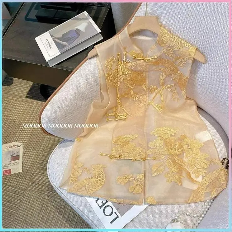 Áo Vest Nữ Tinh Tế Phong Cách Trung Quốc Mới, Thanh Lịch Và Cổ Điển, Thêu, Cổ Chân Đế, Chất Liệu Organza